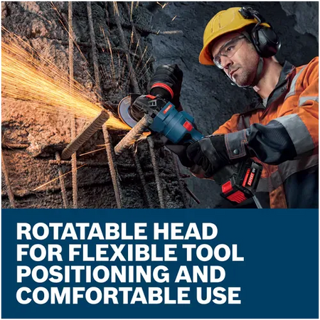 An industrial contractor wearing a yellow safety helmet, safety glasses, and ear protection cuts through steel rebar structural elements. The text overlay emphasizes the adaptability of the rotatable head for flexible tool positioning and comfortable use across complex fabrication tasks.