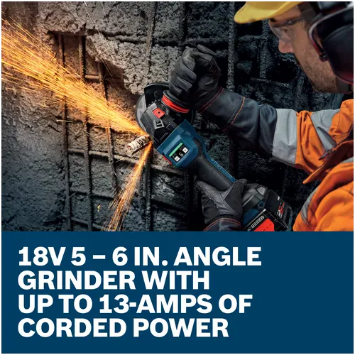 A close-up action view of a worker utilizing the high-torque metal cutting power tool to cut directly through a steel rod structure embedded within reinforced concrete. A descriptive banner beneath the imagery points out that this 18V 5 to 6-inch angle grinder operates with up to 13-amps of corded power.