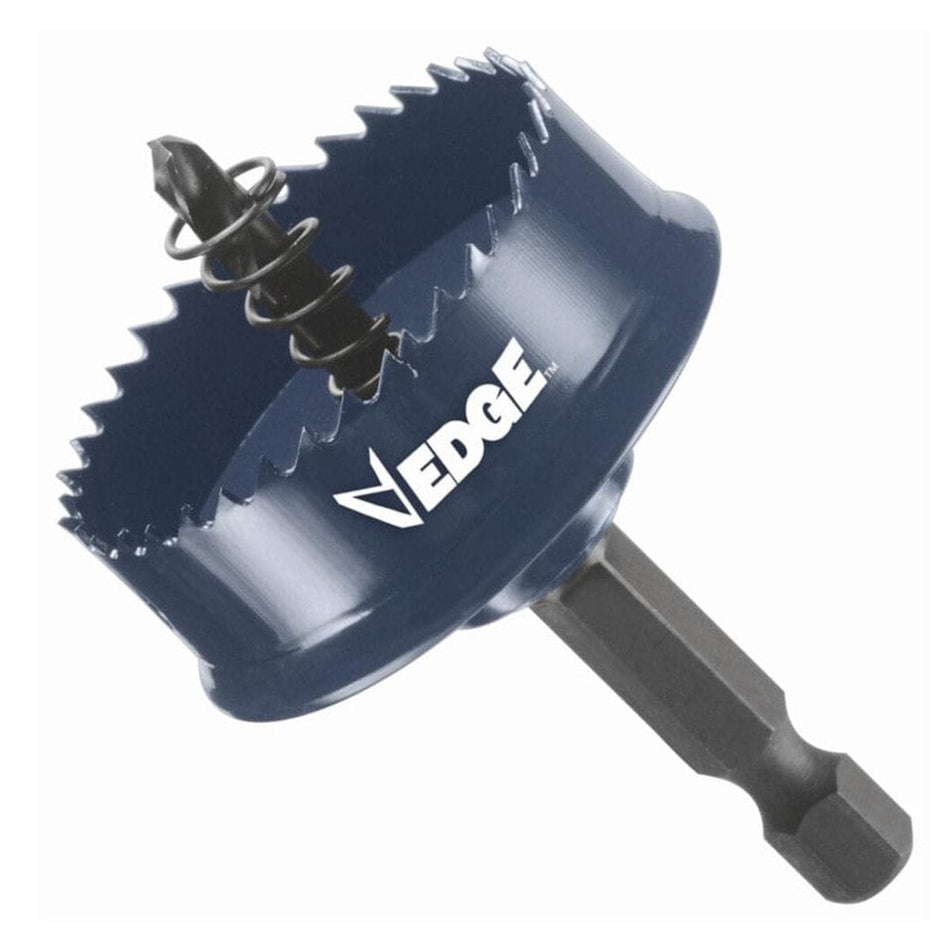 A professional product angle of the Bosch HTW112 Edge Impact Tough 1-1/2 inch bi-metal hole saw, featuring an integrated arbor with a 1/4 inch hex shank, specialized 8 TPI sheet metal cutting teeth, and a pilot bit with an ejector spring.
