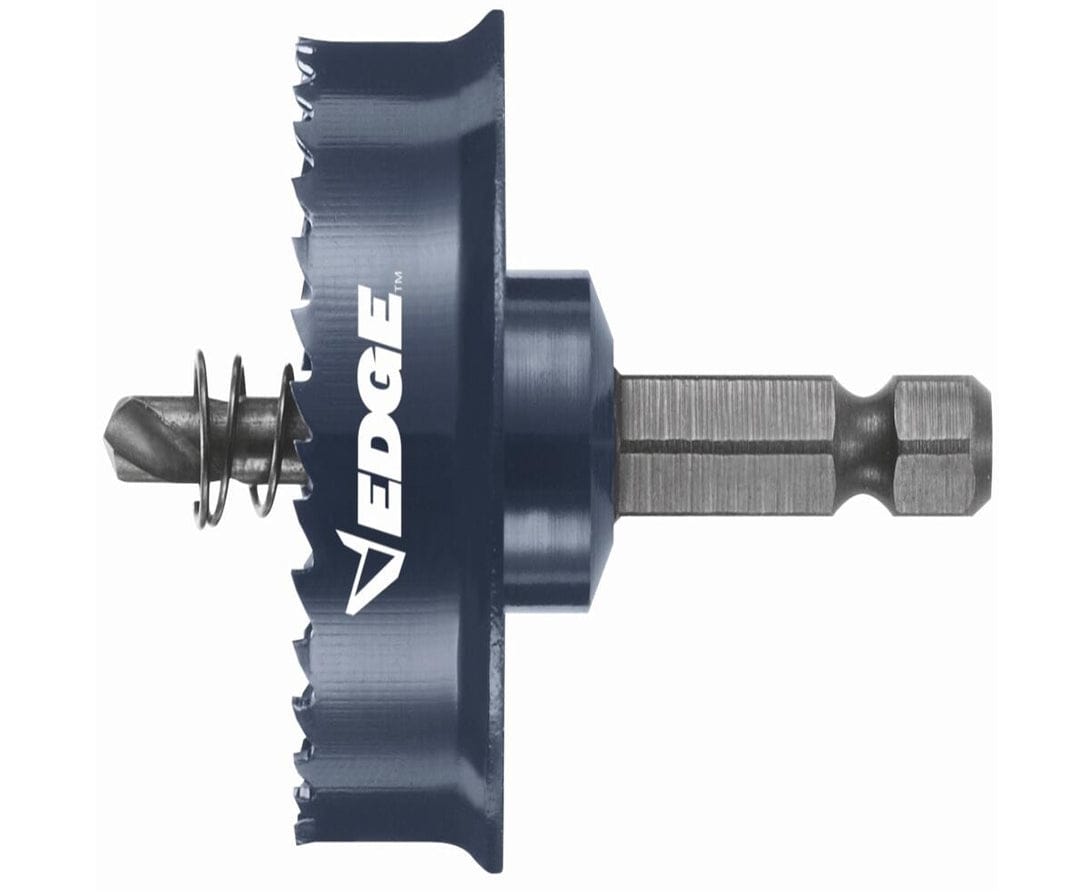 A side profile of the Bosch HTW112 Impact Tough hole saw, highlighting the integrated arbor assembly and the pilot bit with a compression spring designed for clean, precise holes and automatic plug ejection in sheet metal.