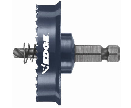 A side profile of the Bosch HTW112 Impact Tough hole saw, highlighting the integrated arbor assembly and the pilot bit with a compression spring designed for clean, precise holes and automatic plug ejection in sheet metal.