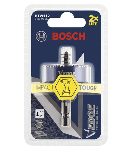 The retail blister pack for the Bosch HTW112 1-1/2 inch hole saw, displaying the Impact Tough branding and "2x Life" durability promise for extreme cuts in sheet metal, conduit, and steel panels.
