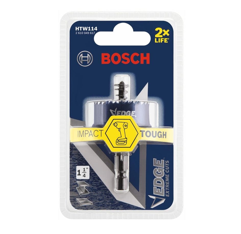 Retail packaging for the Bosch HTW114 hole saw showing the accessory in a clear blister pack with text reading Impact Tough and 2x Life.