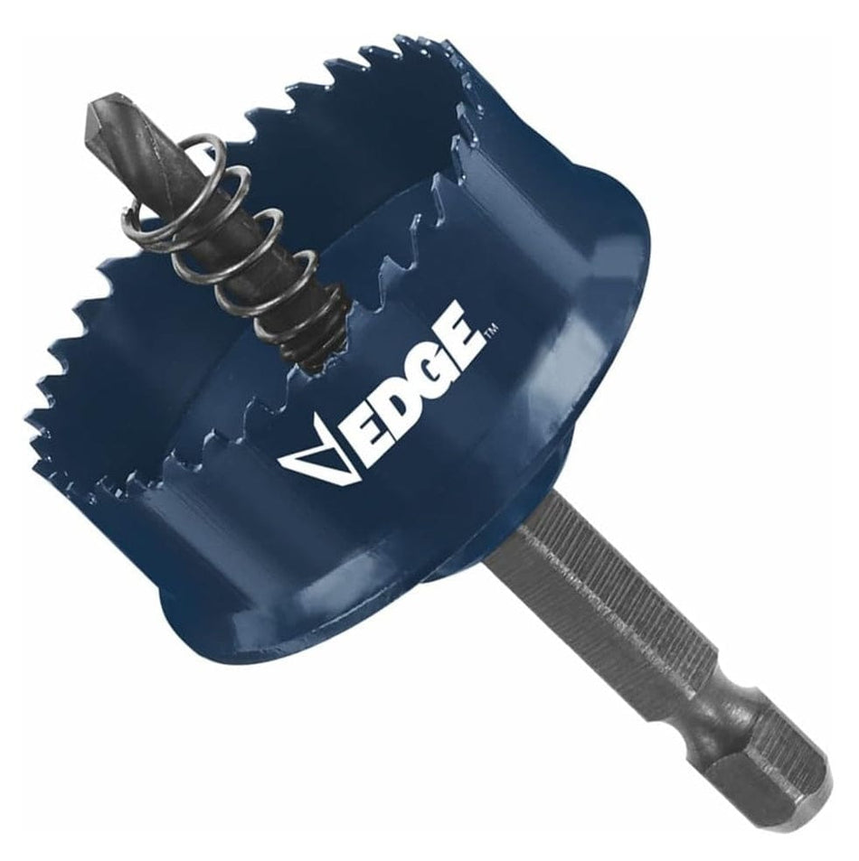 Angled studio view of the blue Bosch Edge hole saw featuring an integrated arbor, hex shank, and pilot bit spring.
