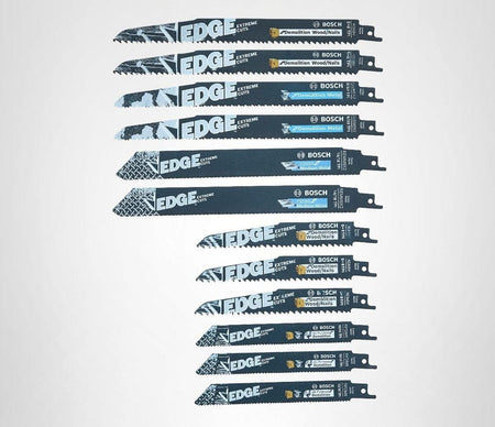 Studio view of the 12-piece Edge reciprocating saw blade set arranged vertically, displaying a mix of 6 inch and 9 inch blades for wood and metal demolition.