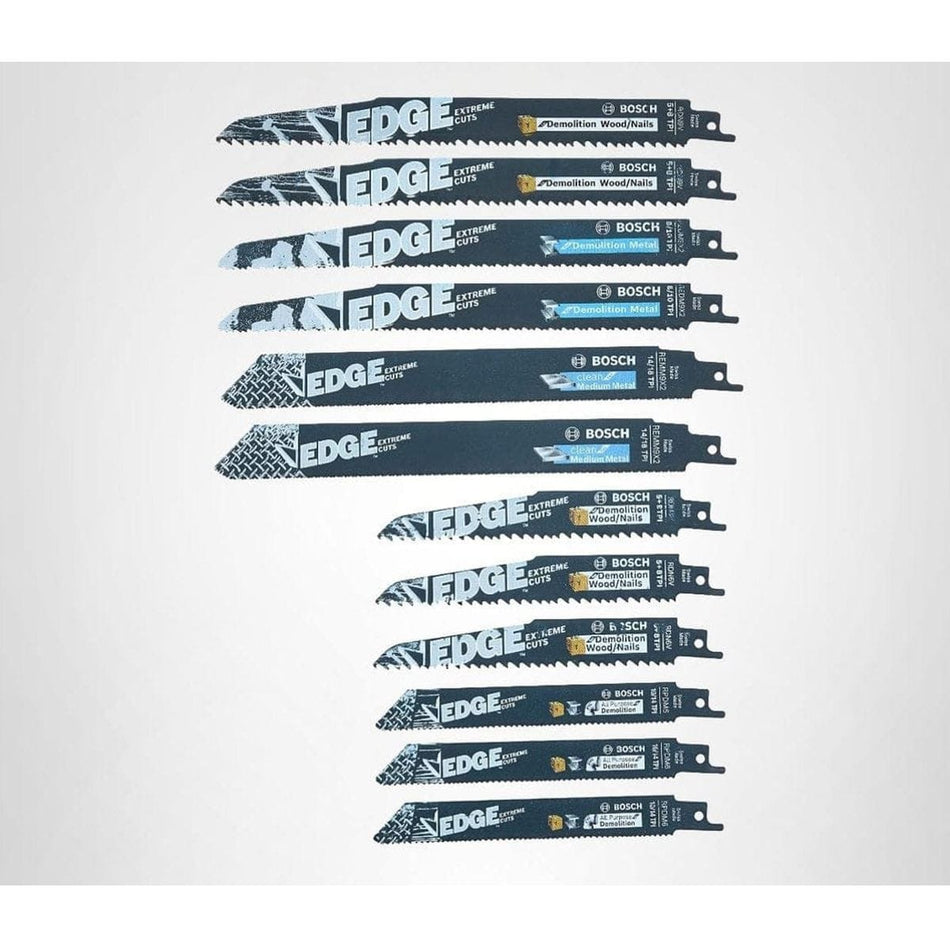 Studio view of the 12-piece Edge reciprocating saw blade set arranged vertically, displaying a mix of 6 inch and 9 inch blades for wood and metal demolition.