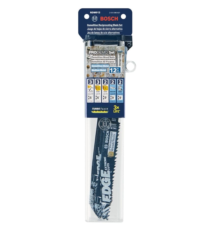 Front view of the retail storage case containing the 12-piece Pro-Demo set, displaying the blade assortment count and 3X Life Turbo Teeth technology branding.
