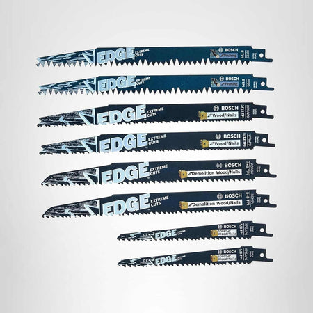 Studio view of the 8-piece Edge Pro-Wood reciprocating saw blade set arranged vertically, displaying a variety of blades for pruning, wood with nails, and demolition applications.