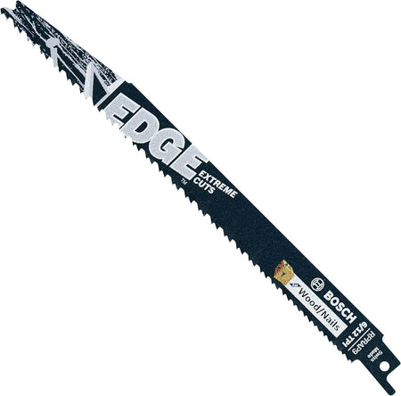 Angled view of the black Bosch Edge reciprocating saw blade displaying the 6/12 TPI tooth geometry and Wood with Nails branding.