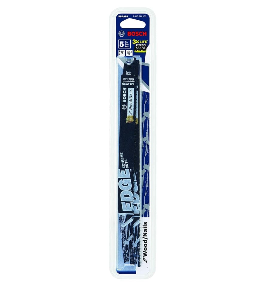 Retail packaging for the Bosch Edge reciprocating saw blades containing five 9-inch blades in a clear blister pack.