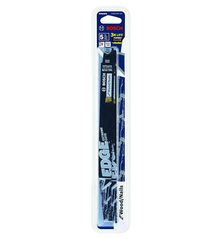 Retail packaging for the Bosch Edge reciprocating saw blades containing five 9-inch blades in a clear blister pack.