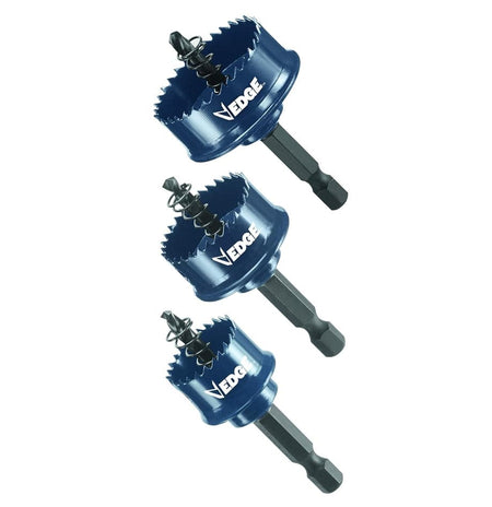 Studio view of three blue Bosch Edge hole saws in varying diameters, each featuring a hex shank, integrated pilot bit, and ejection spring.