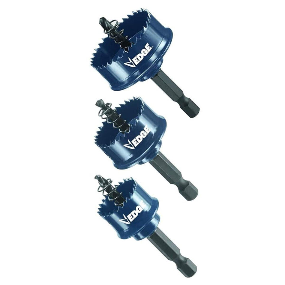 Studio view of three blue Bosch Edge hole saws in varying diameters, each featuring a hex shank, integrated pilot bit, and ejection spring.
