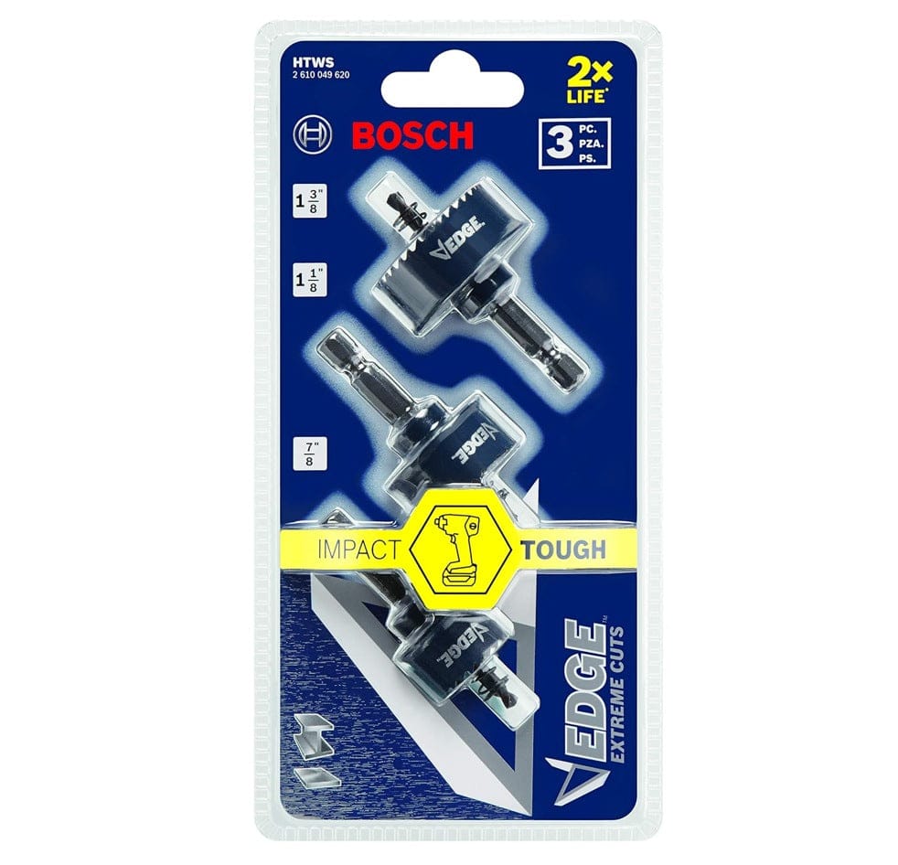 Front view of the retail blister pack containing the three-piece hole saw set, displaying sizes 7/8 inch, 1-1/8 inch, and 1-3/8 inch with Impact Tough branding.