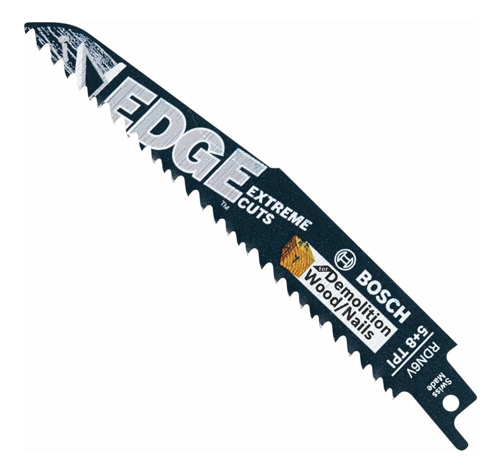 Studio view of the Edge reciprocating saw blade displaying the black body with white text reading Demolition Wood Nails and 5/8 TPI.