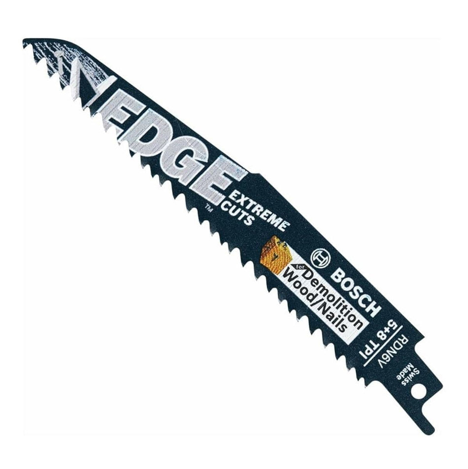 Studio view of the Edge reciprocating saw blade displaying the black body with white text reading Demolition Wood Nails and 5/8 TPI.