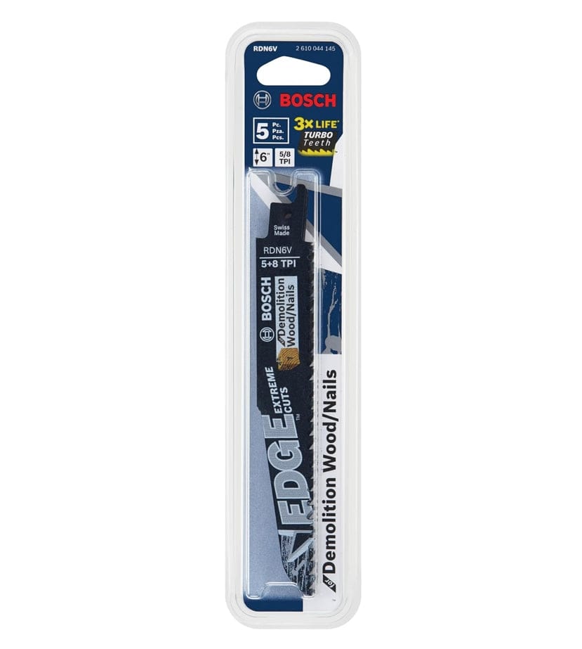 Front view of the retail blister pack containing five Edge reciprocating saw blades, highlighting the 3X Life Turbo Teeth technology and 6 inch length.
