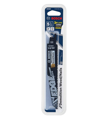 Front view of the retail blister pack containing five Edge reciprocating saw blades, highlighting the 3X Life Turbo Teeth technology and 6 inch length.