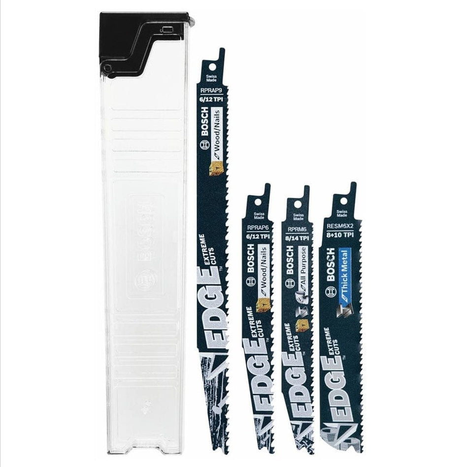 Studio view of the Bosch 9-piece reciprocating saw blade set showing the clear storage case and examples of the included blades for wood with nails, all purpose, and thick metal cutting.