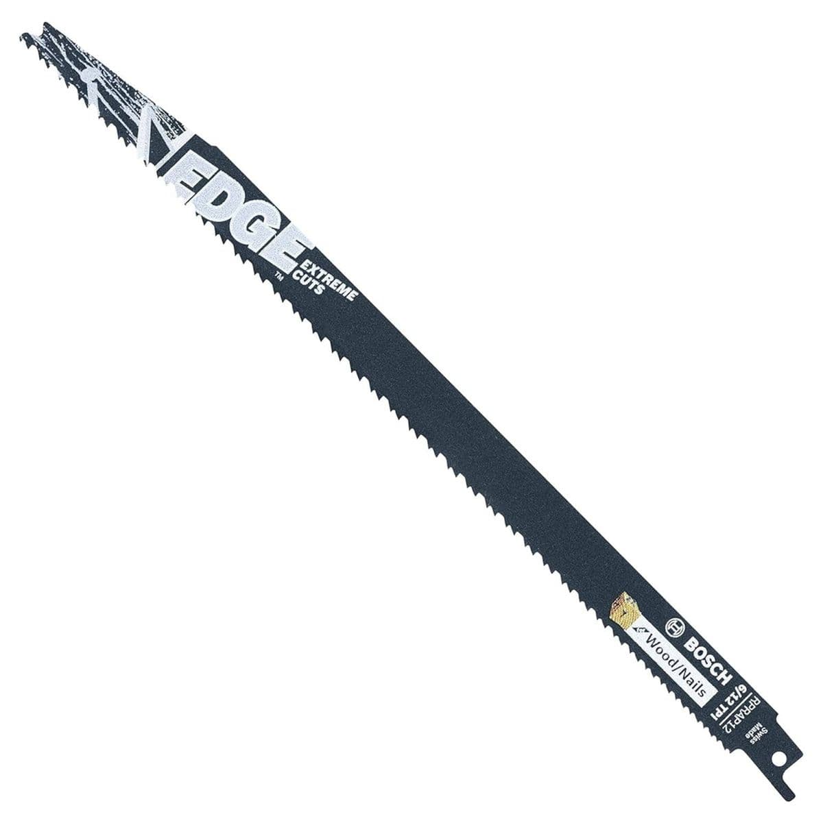 Angled studio view of the black 12-inch reciprocating saw blade displaying the Edge Extreme Cuts branding and Wood with Nails application text.
