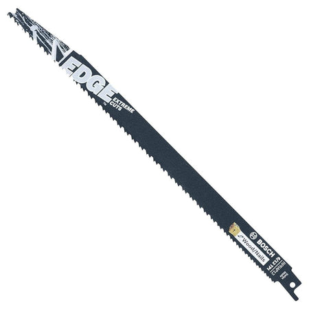 Angled studio view of the black 12-inch reciprocating saw blade displaying the Edge Extreme Cuts branding and Wood with Nails application text.