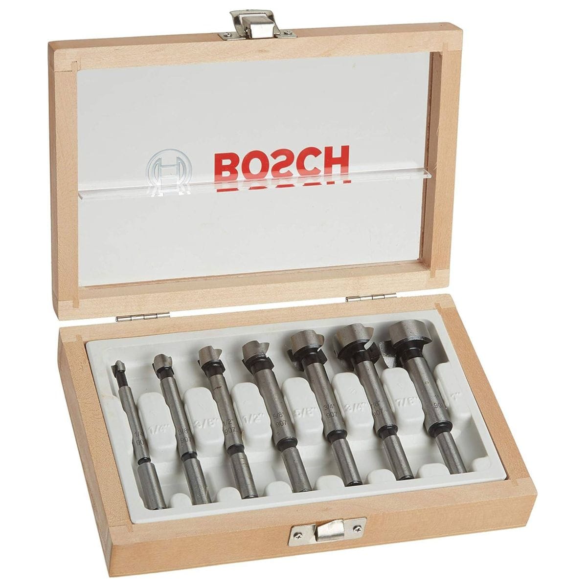 Studio view of the open wooden storage case displaying seven Bosch Forstner bits organized by size in a white tray.