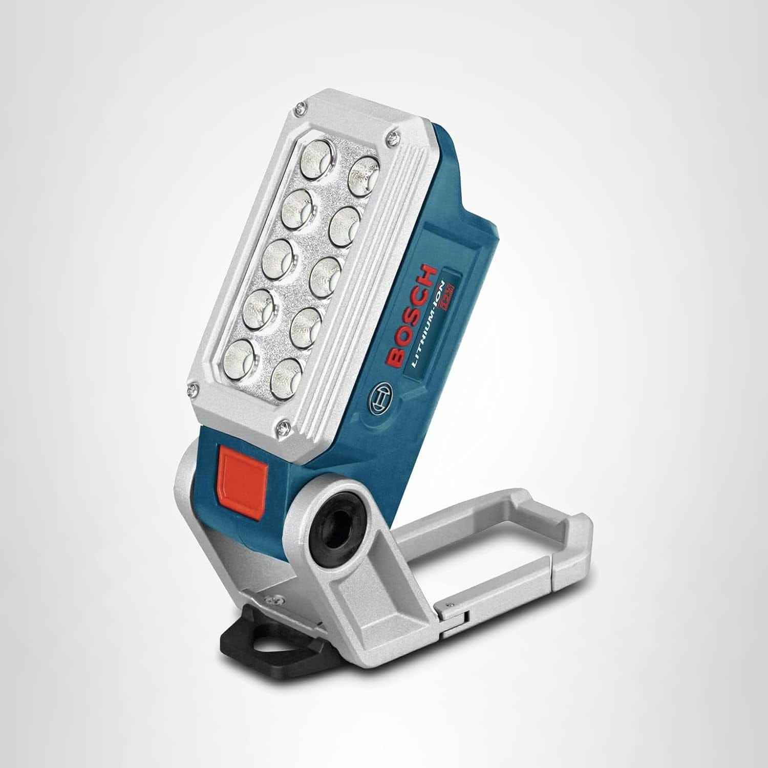 Bosch FL12 12V Max LED worklight in a folded standing position showing the articulating head and 10 high-intensity LED lights.