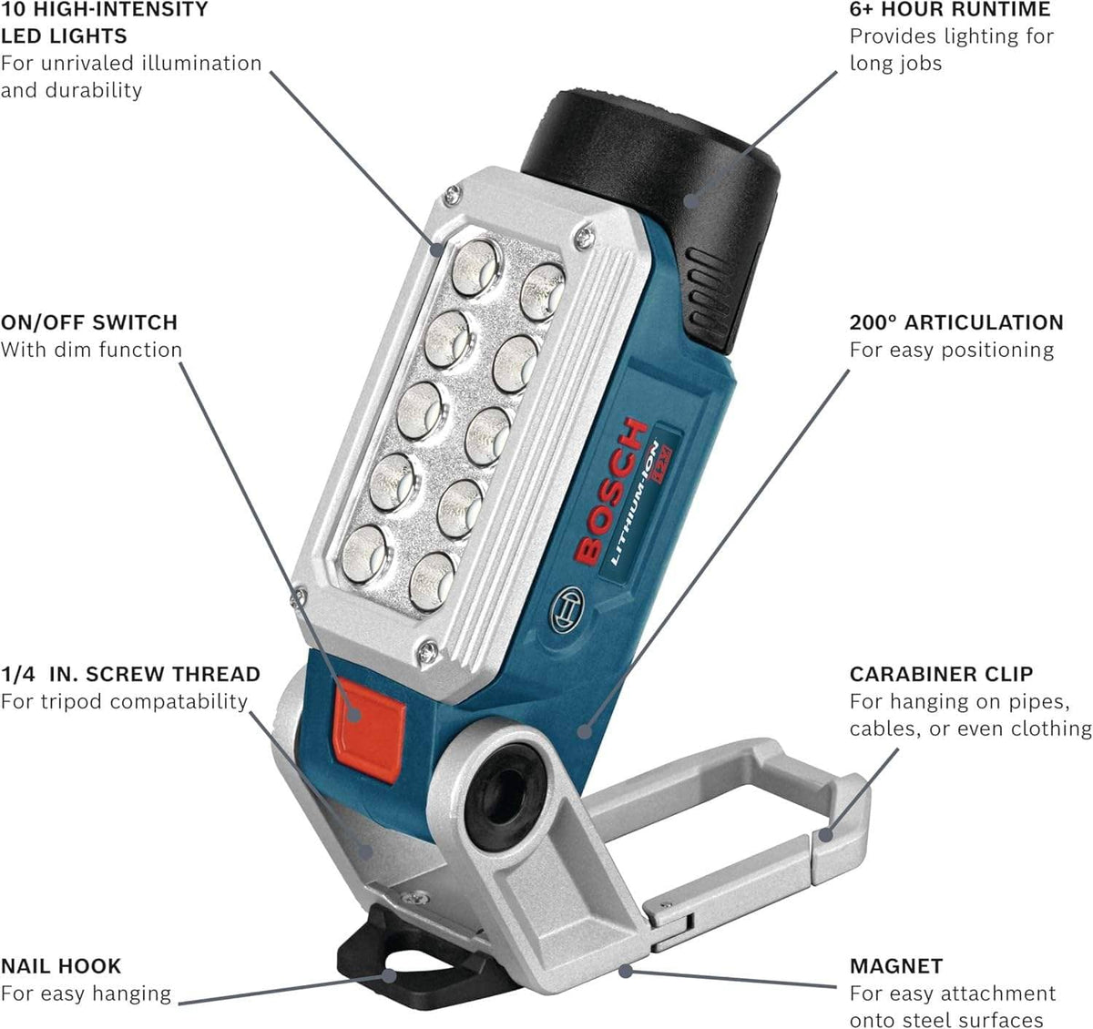 Product informational graphic of the Bosch FL12 worklight with callouts highlighting 10 high-intensity LEDs, 6-plus hour runtime, 200-degree articulation, dimmable power switch, 1/4-inch tripod thread, carabiner clip, nail hook, and magnetic base.