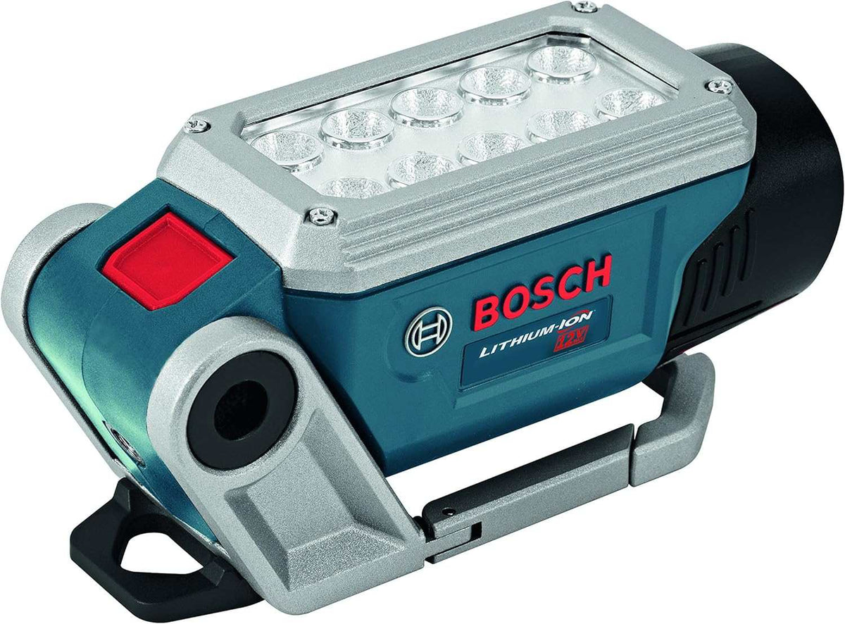 Close-up side view of the articulating head of the Bosch worklight highlighting the dual rows of LED bulbs and the durable blue housing with the Bosch logo.