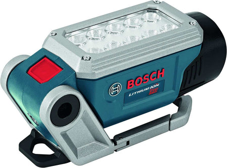 Close-up side view of the articulating head of the Bosch worklight highlighting the dual rows of LED bulbs and the durable blue housing with the Bosch logo.