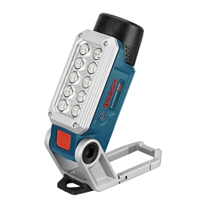 The Bosch 12V LED worklight standing in an upright position to showcase the heavy-duty hinge mechanism and the stable silver mounting base.