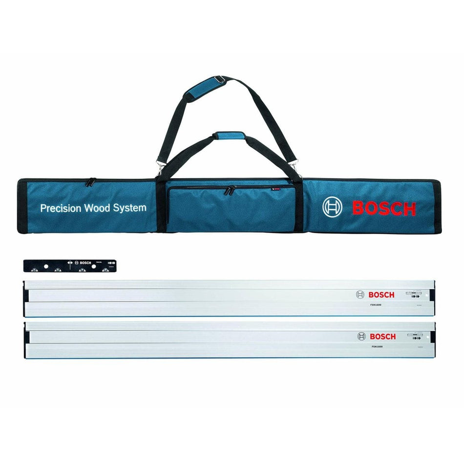 The complete Bosch track saw guide rail kit, showing the two 63-inch aluminum tracks, the FSNVEL track connector, and the blue carrying bag
