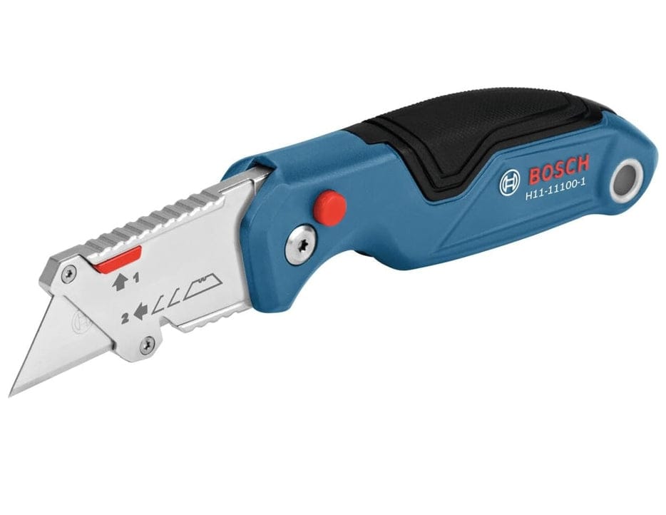 Studio view of the Bosch folding utility knife featuring a blue aluminum handle with black rubber over-mold grip and the blade holder fully extended.
