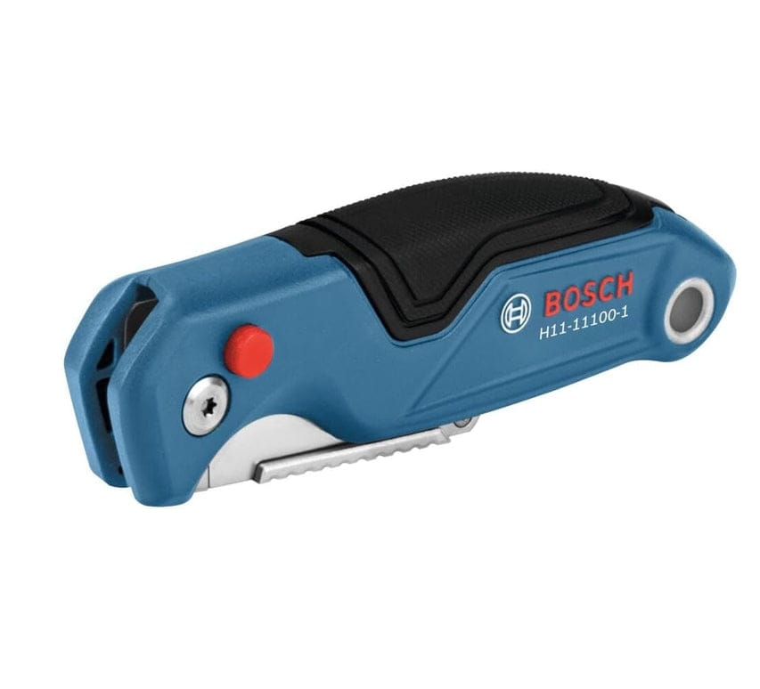 Studio view of the utility knife in the closed folded position, highlighting the compact ergonomic design and blue aluminum housing.