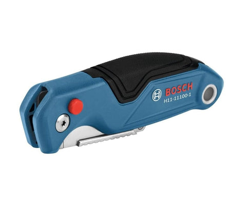 Studio view of the utility knife in the closed folded position, highlighting the compact ergonomic design and blue aluminum housing.