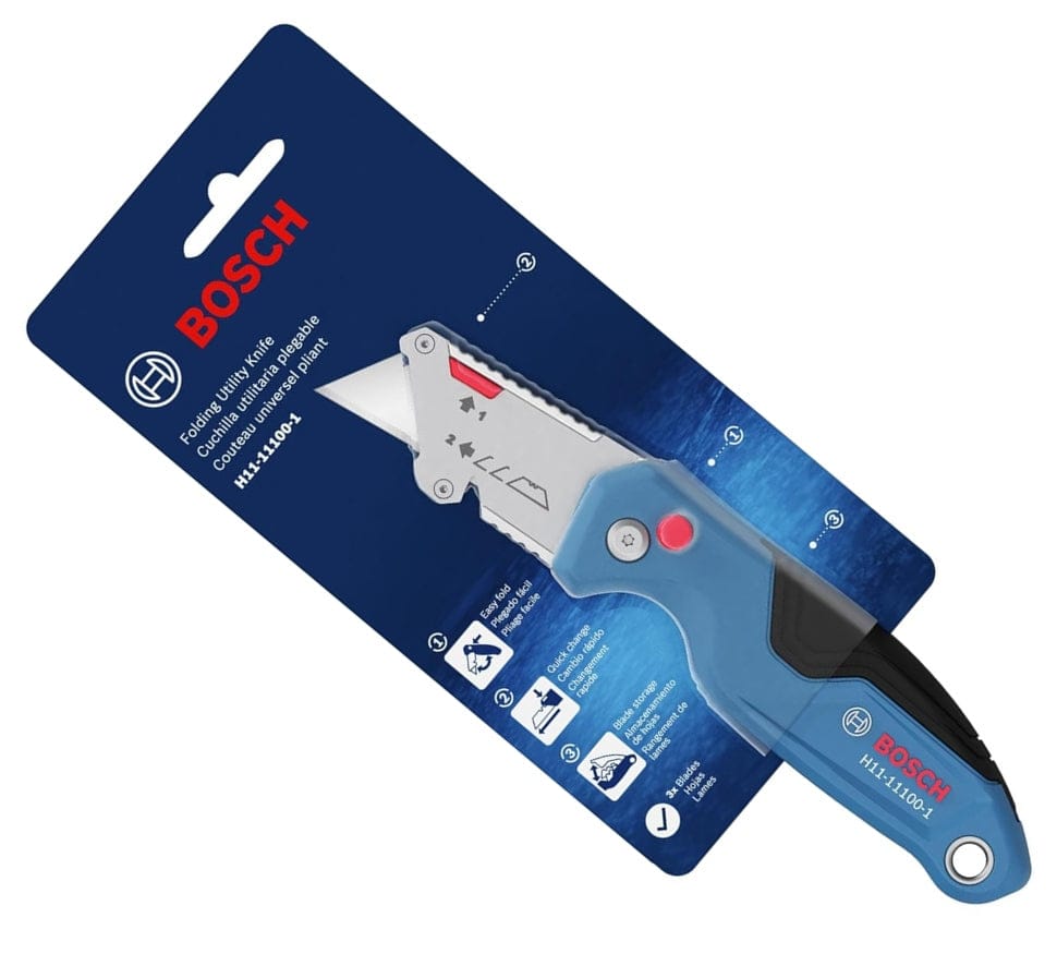 Retail packaging for the Bosch folding utility knife displayed on a blue hanging card with text highlighting the quick change mechanism and included spare blades.