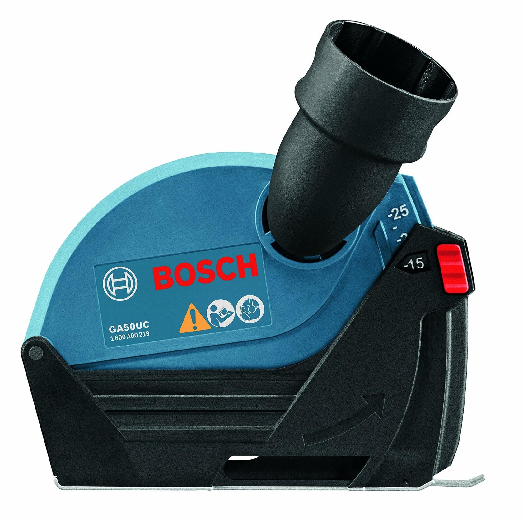 A side profile of the Bosch GA50UC angle grinder dust shroud, showing the blue cover, black base plate, red depth-adjustment screw, and the large dust collection port.