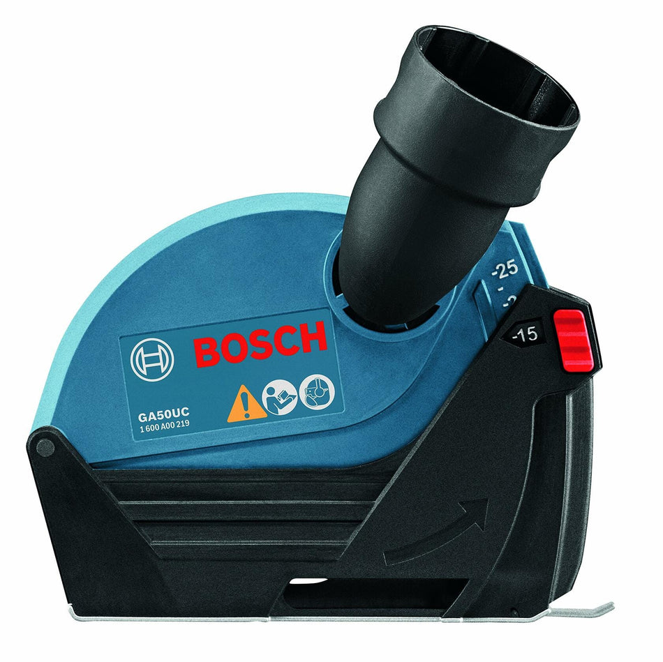 A side profile of the Bosch GA50UC angle grinder dust shroud, showing the blue cover, black base plate, red depth-adjustment screw, and the large dust collection port.