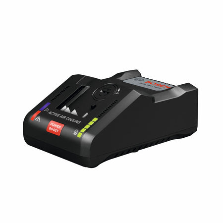 A studio shot of the Bosch GAL18V-160C 18V Lithium-Ion battery turbo charger on a white background, highlighting the Power Boost button, active air cooling vents, and battery status LED indicators.