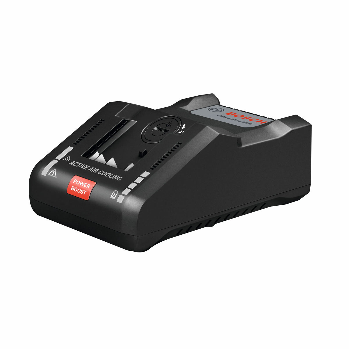 Side profile view of the Bosch GAL18V-160C connected-ready battery charger, showcasing its compact design and the five-stage LED battery-charging indicator lights for easy status monitoring.