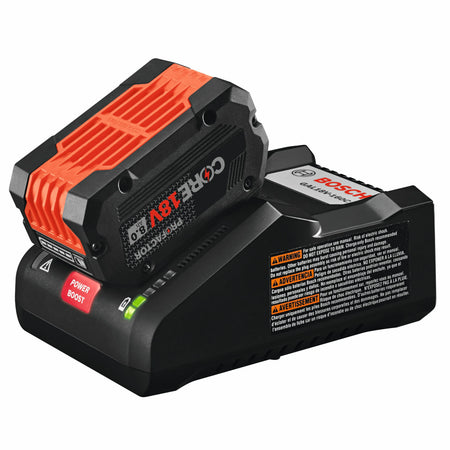 A Bosch CORE18V 8.0 Ah PROFACTOR High Power battery being charged on the GAL18V-160C turbo charger, illustrating the secure 18V battery interface and active thermal management system.