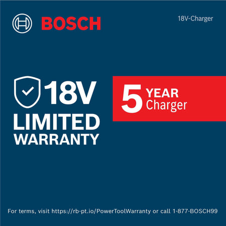 A graphic detailing the Bosch 18V limited warranty information for the GAL18V-160C charger, noting a 5-year charger protection plan for professional peace of mind.