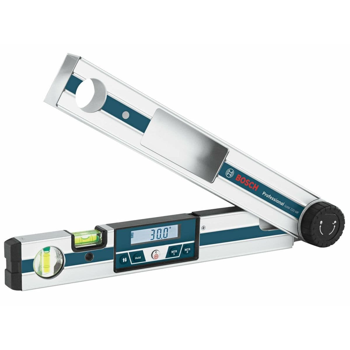 Studio shot of the Bosch GAM 220 MF digital angle finder set open to 30.0