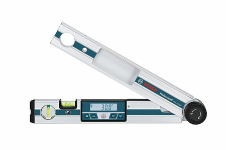 Angled studio shot of the Bosch GAM 220 MF digital angle finder open at 30.0 degrees, emphasizing the precision joint and locking mechanism