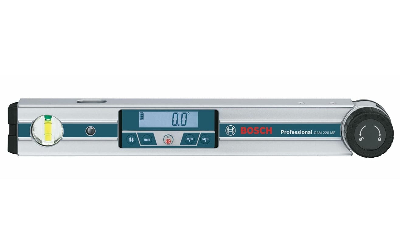 Studio shot of the Bosch GAM 220 MF digital angle finder closed flat 0.0, highlighting the digital display, Hold function button, and Miter cut calculation buttons