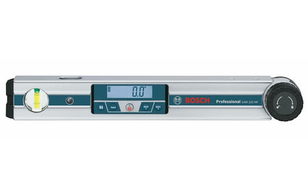 Studio shot of the Bosch GAM 220 MF digital angle finder closed flat 0.0, highlighting the digital display, Hold function button, and Miter cut calculation buttons
