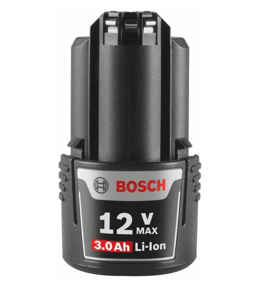 A direct front view of the Bosch GBA12V30 12V Max lithium-ion battery, showing the black plastic housing and a label indicating 3.0 Ah capacity.