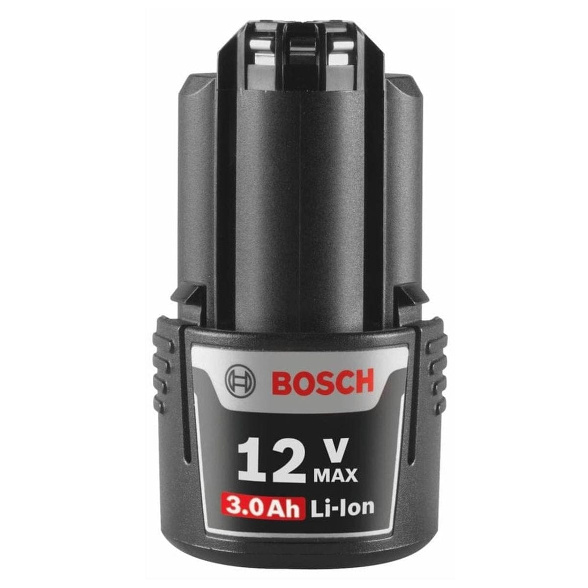 A direct front view of the Bosch GBA12V30 12V Max lithium-ion battery, showing the black plastic housing and a label indicating 3.0 Ah capacity.