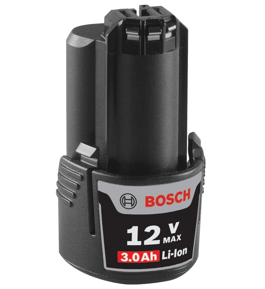 An angled perspective of the 12V Max 3.0 Ah battery, highlighting the compact, three-cell cylindrical top design and the side release buttons for easy removal from tools.