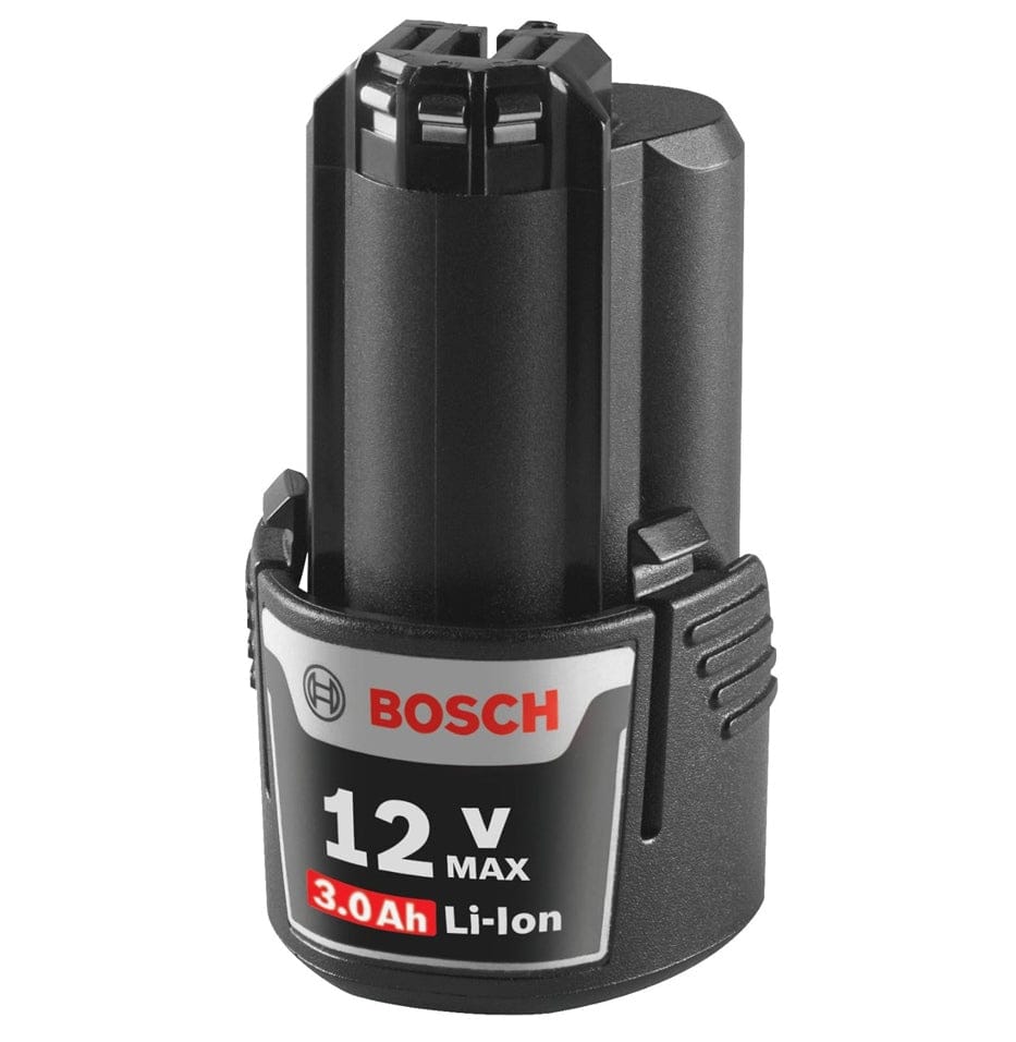 A side perspective view of the lightweight Bosch 12V battery pack, showcasing the durable textured plastic construction and the secure mounting interface.